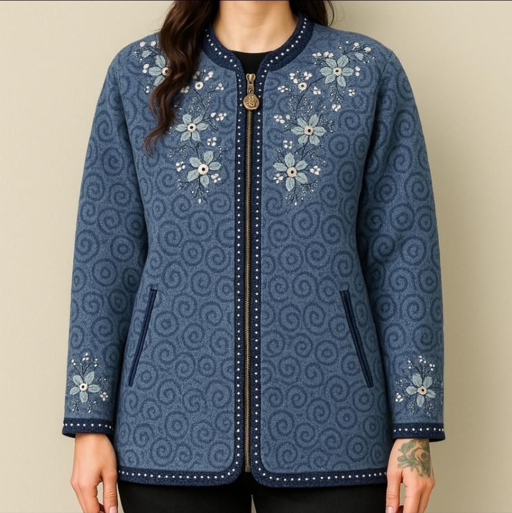 Icelandic Design Wool Embroidered Zip Sweater Jacket Blue XL